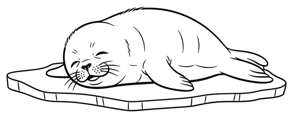 Baby Seal Pup Sleeping on Ice Floe Outline Vector Cartoon Illustration for Coloring Book