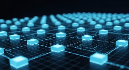 A complex network of interconnected blue cubes on a dark background.