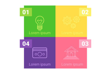 Infographic presenting four distinct sections marked with numbers. Each section featuring unique icons representing ideas, processes, and concepts related to creativity and innovation