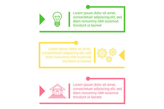 Infographic presenting three sections illustrating different concepts. Each section containing simple graphics related to idea, process, and location