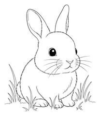Cute Bunny Sitting in Grass Coloring Page Outline Vector Illustration