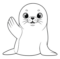 Cute Cartoon Baby Seal Pup Waving Flipper Line Art Outline Coloring Page Vector Illustration for Kids