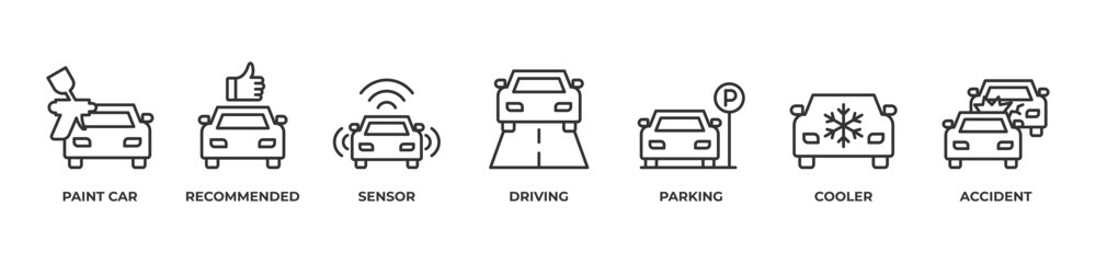 Total Car Care Icons set vector illustration outline with Paint car, Recommended, Sensor, Driving, Parking, Cooler, Accident