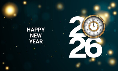 2026 Happy New Year Background Design with antique gold clock illustration.