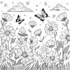 Floral Meadow with Butterflies and Clouds Illustration.