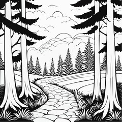 Forest Path Landscape Black and White Illustration.
