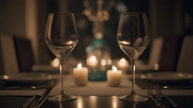 An intimate and elegant candlelit dinner setting with two wine glasses perfectly arranged for a romantic evening celebration
