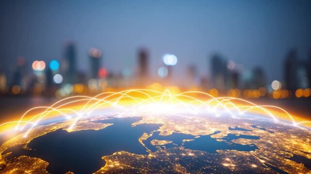 Global Connectivity: A luminous network of energy arcs across the earth, connecting a shimmering cityscape that represents the dynamic advancements of the digital world. - Powered by Adobe