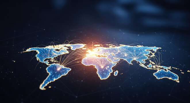 A world map with glowing connections and a sun in the center, representing global connectivity and connection. - Powered by Adobe