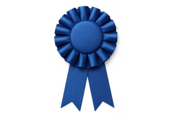 Blue award ribbon representing first place recognition, achievement, and competition success, with a transparent background