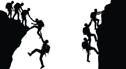 Black silhouette of hikers helping each other climb steep rocky cliffs on white and black backgrounds