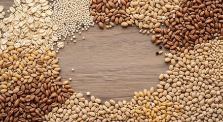 Obraz premium Various grains and seeds arranged on a wooden surface.