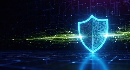 A glowing blue shield with a digital circuit pattern on it, set against a dark, digital background with glowing lines and a grid-like pattern.