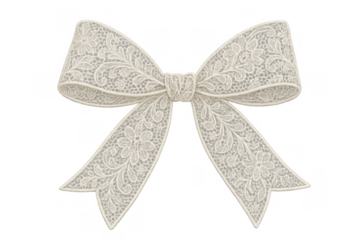 White lace bow showing a detailed floral pattern, ideal for elegant designs, invitations, and celebrations with a transparent background