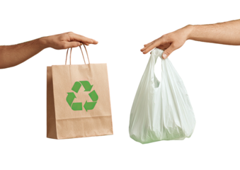 Hands hold paper bag vs. plastic bag. Black background