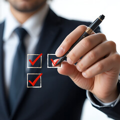 Businessman use pen to tick correct sign mark in checkbox for quality document control checklist and business approve project concept.