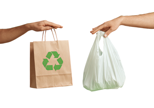 Hands hold paper bag vs. plastic bag. Black background