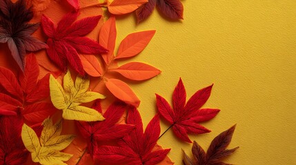 Colorful seasonal layout with red, yellow, and orange autumn leaves arranged artistically on bright background --ar 16:9
