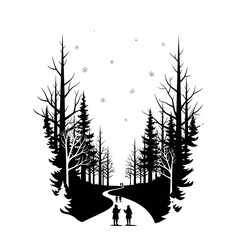 Winter Forest Path Silhouette with Snowfall.