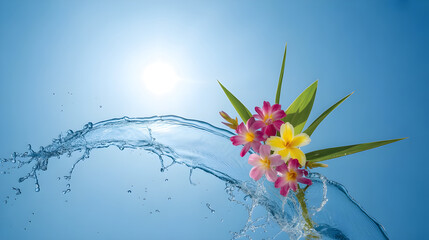 Songkran water festival background with splashing water, tropical flowers, bright sunlight, refreshing blue tones, clean festive aesthetic, celebration of summer and renewal