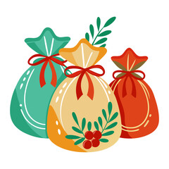 Celebration Gift Sacks Vector Illustration Showcasing Ornate Leaf and Berry Decoration on Transparent Backdrop for Festive Elements and Artistic Projects. 
