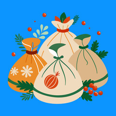 Holiday Season Gift Bags Vector Art Featuring Decorative Foliage and Red Berries, Festive Element and Artful Design Set Against Solid BG for Design.