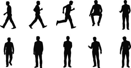 Collection of black male silhouettes in various poses and actions on white background