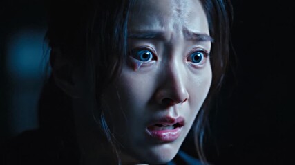 Distressed Woman with Wide Eyes A Close-Up of Fear and Anxiety - Powered by Adobe