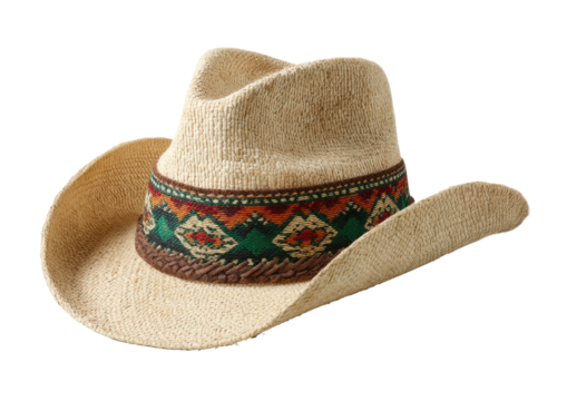 Straw cowboy hat with decorative band against black backdrop