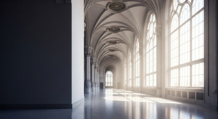 Fototapeta premium A grand, empty Gothic-style hallway with large windows and intricate arches, illuminated by natural light.