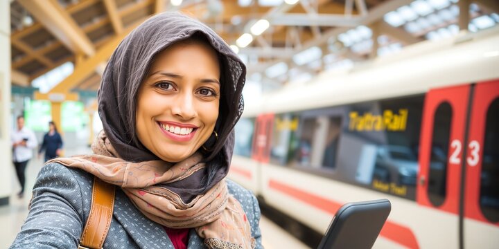A woman in a patterned dress stands on a train platform, framed by weathered stone and metal, suggesting a moment of travel with geometric patterns and a matte surface.