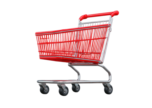 Red wire basket shopping cart with metal frame, low angle