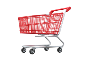 Red shopping cart angled, against black