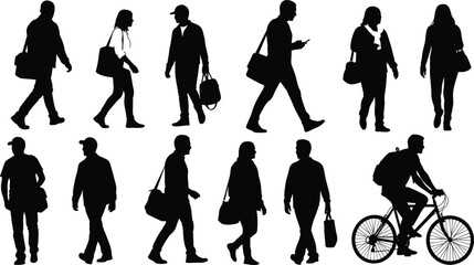 Collection of black silhouettes of people walking and cycling on a white background
