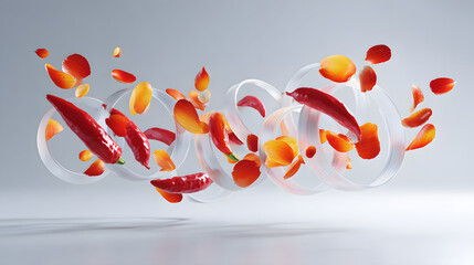 Bright red chili peppers and warm colored petals float dynamically through clear rings against a soft background