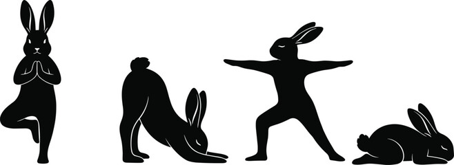 Fototapeta premium Four black silhouette rabbits in various yoga poses on white background bunny meditation