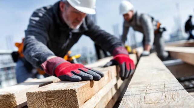 Construction Crew in Action: Two skilled construction workers, clad in hardhats and gloves, meticulously work on a wooden framework.