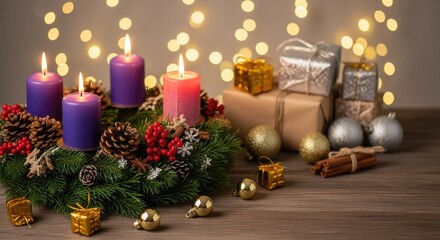 A beautifully arranged Christmas wreath with lit candles and wrapped gifts, set against a bokeh background with warm lights.