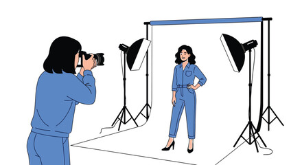 Professional photographer capturing stylish model during studio photoshoot session