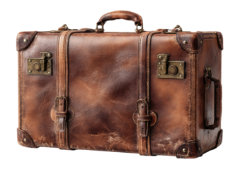 Worn brown leather suitcase with buckle straps and hardware