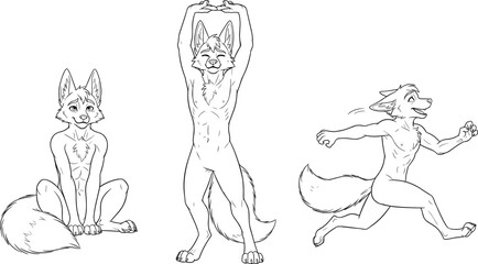 Three anthropomorphic fox characters in line art style one sitting one stretching one running