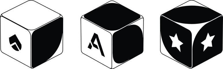 Three black and white isometric cubes with abstract symbols and shapes vector