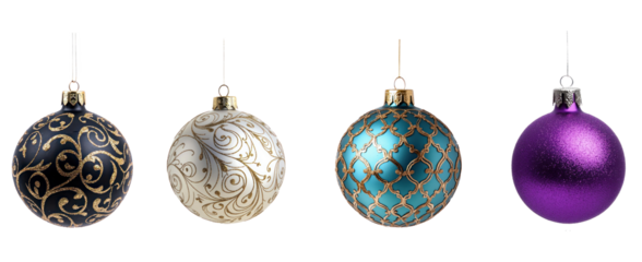 Four ornate Christmas ornaments hanging from strings against a white background.