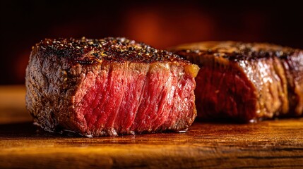 mediumrare. Juicy medium-rare steak cross-section on rustic wood, highlighting glistening meat fibers. menu design, packaging mockups, designed for culinary blogs and recipe cards for restaurants.