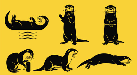 Fototapeta premium Playful otters in various poses, black silhouettes on white background