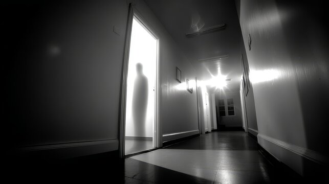 Ghost entering illuminated hospital corridor at night - Powered by Adobe