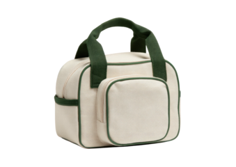 Cream bag with green trim, handles, pocket