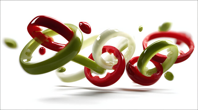 Vibrant slices of colorful peppers intertwine and float against a bright background - Powered by Adobe