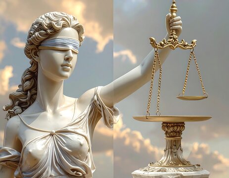 A split image showing the statue of justice. One side shows the blindfolded figure. The other has the scales of justice held aloft
