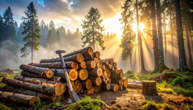 A substantial pile of felled timber logs in a misty forest bathed in warm, golden sunrise light.